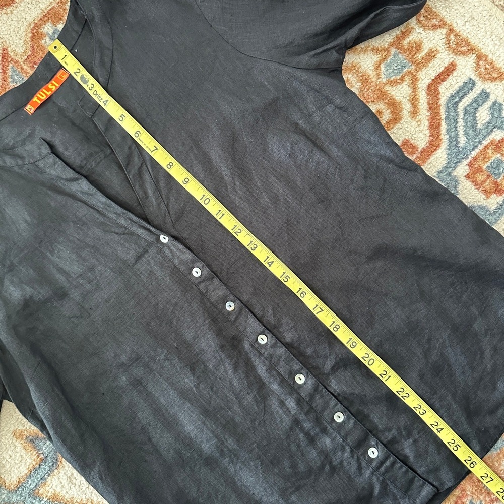 Tulsi Button Up Blouse Womens Large Black 100% Linen 3/4 Sleeve Split Neck Airy - Picture 8 of 8